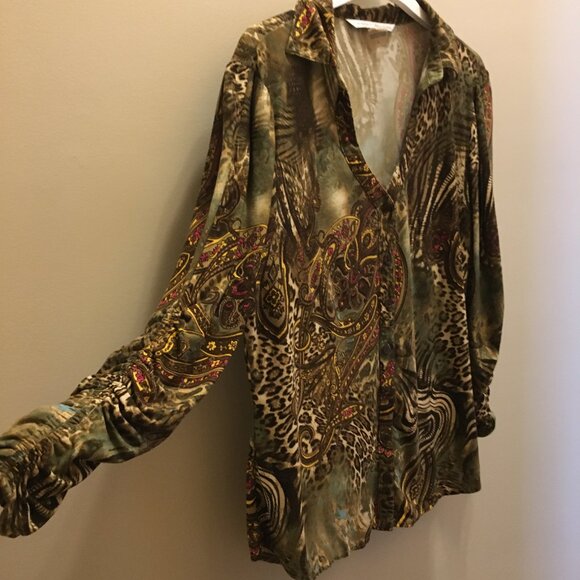 Vintage Y2K Animal Paisley Print Ruched Sleeve Button Up Top - Picture 7 of 16